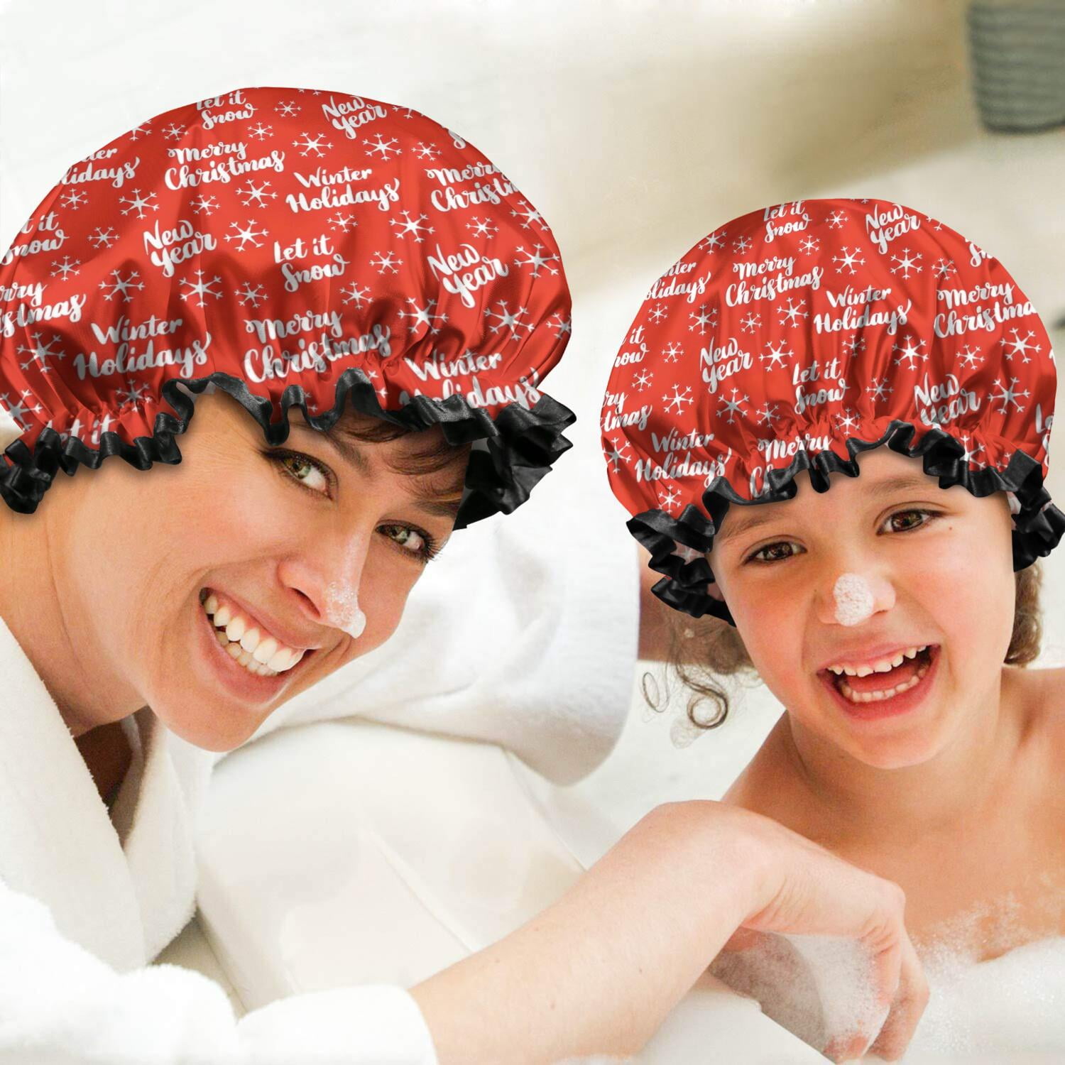 Shower Caps,Red Christmas Text and Snowflake Pattern Waterproof Shower Cap for Women 4 Pieces,Double Reusable Hair Cover for Shower PEVA Elastic Stretch Hem