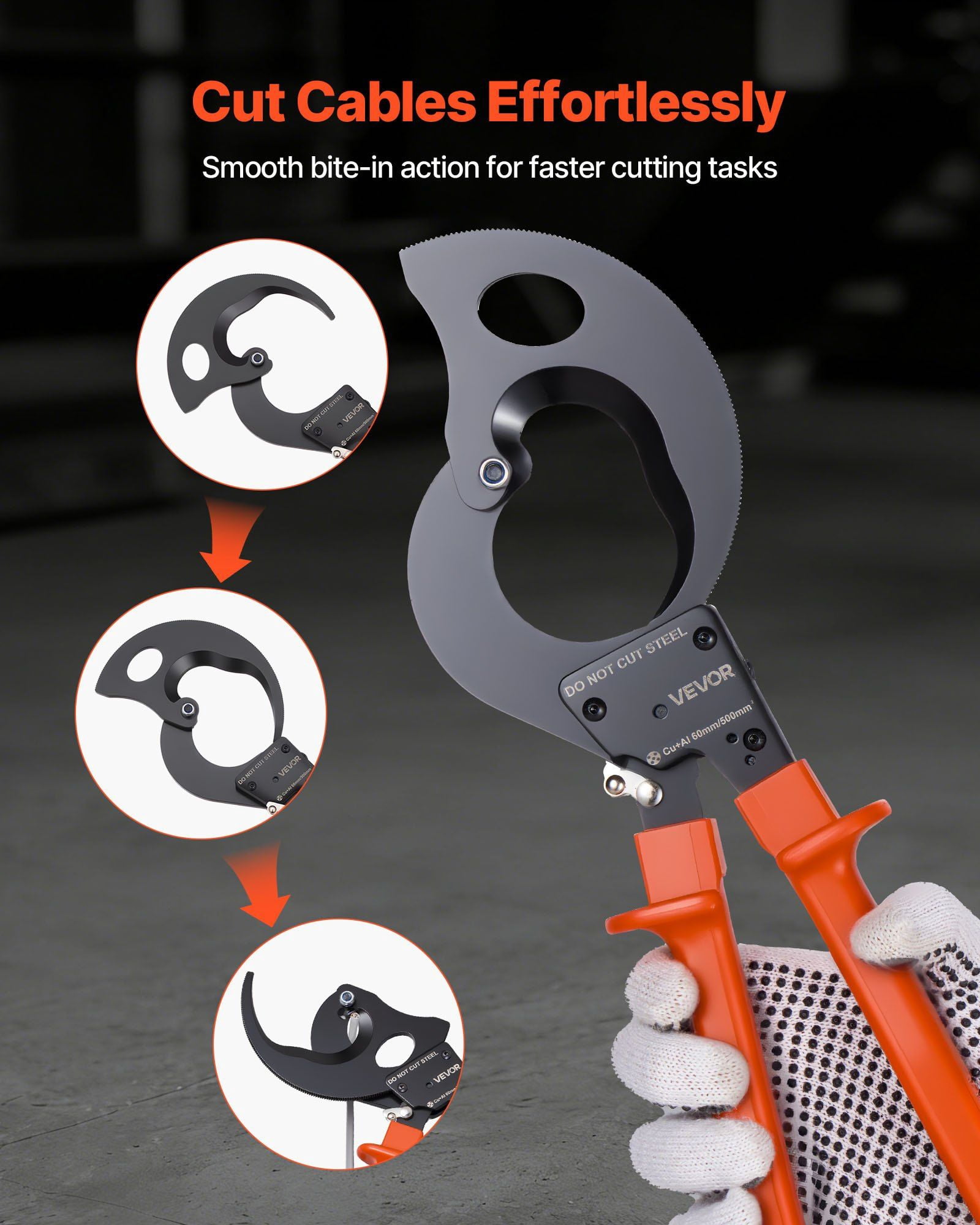 Ratcheting Cable Cutter, Spring Steel Blades with PVC-Coated Handles, Quick-Release Button, Heavy Duty Ratchet Cable Wire Cutter for Cutting Copper & Aluminum Cables Up to 1000 MCM / 500 mm²