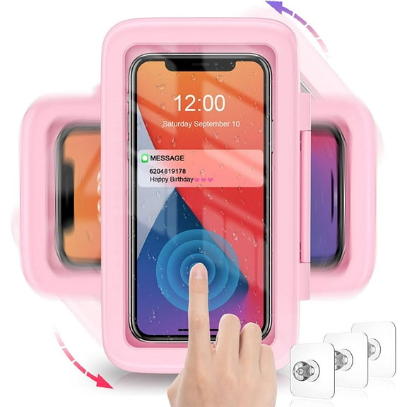 Shower Phone Holder Waterproof 480° Rotation Shower Phone Case HD Touch Screen Wall Mount up to 6.8inch for iPhone 11 12 Pro XR XS MAX Samsung Galaxy S21,Romantic Pink