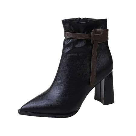 YHGFVOKJ Boots for Women Autumn and Winter Fashion Side Zipper Heels High Heels Pointed Belt Pointed Toe Temperament Ankle Boots Shoes Slip On Boots for Women Black 37
