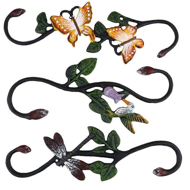 3PCS Rural Painting Hook S-shaped Animal Hooks Iron Art Hook Hanging Basket Flowerpot Hook for Gardening Indoor Outdoor(Dragonfly, Butterfly, Kingfish