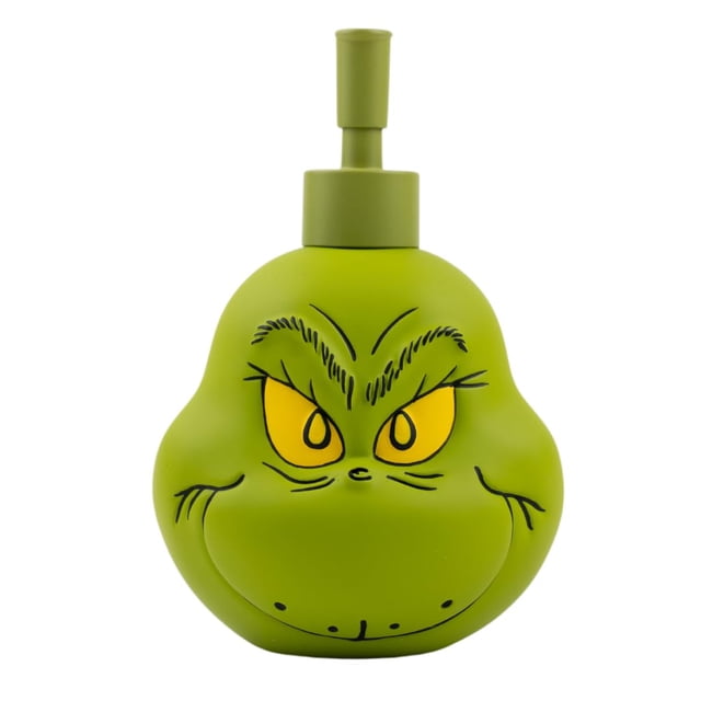 dispensador de jabón navideño franco grinch de resina, 540 ml Front-facing view of a green Franco Grinch resin soap dispenser with matte finish, molded Grinch face and yellow eyes, matching green pump top, compact pear-shaped silhouette (aprox. 4 x 4.5 in) ideal para jabón líquido, loción o desinfectante de manos; también es adecuado como pieza decorativa de lavabo.
