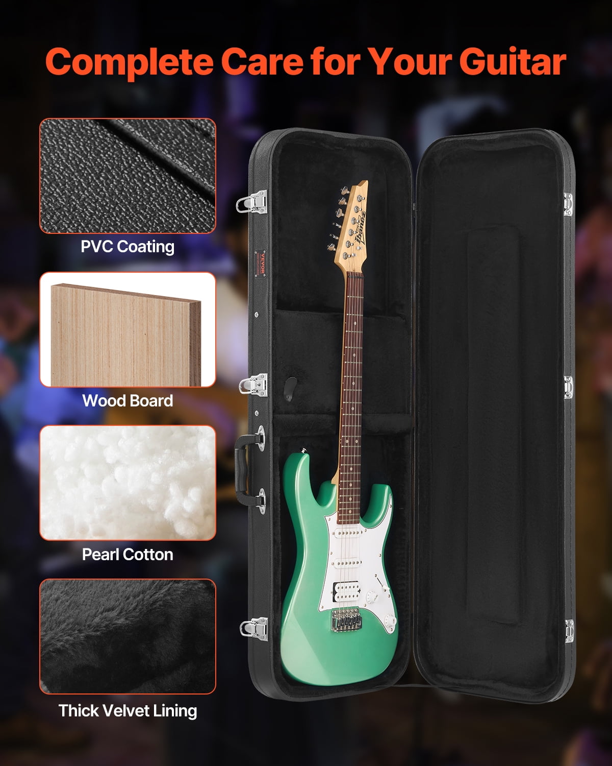 VEVOR Electric Guitar Hard Case, 43.11 in Rectangular Guitar Hard Case ,With Lock Latch Keys Handle,PVC Padding Soft Lining Water-Resistant Hard Shell Guitar Cases, for 39 in Electric Guitars,Black