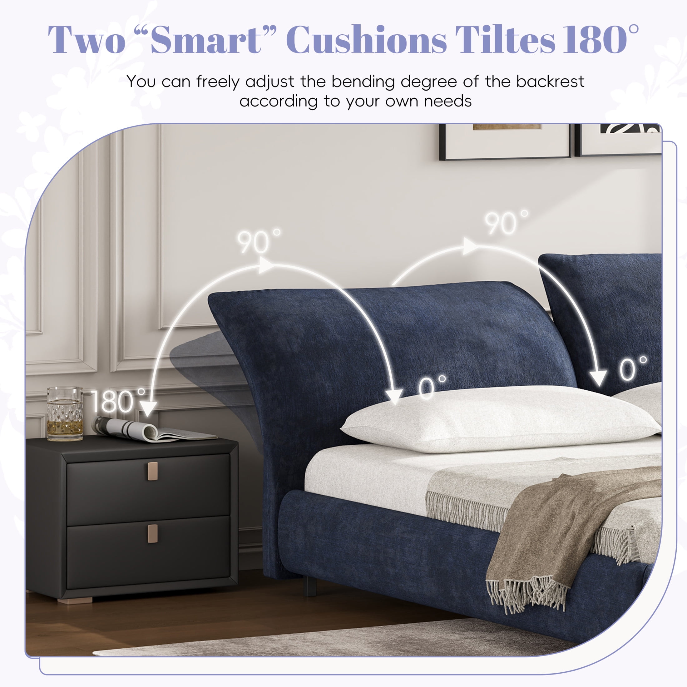Christopher Knight Home Minimalist Upholstered King Bed Frame with Adjustable Cushions, Dark Blue