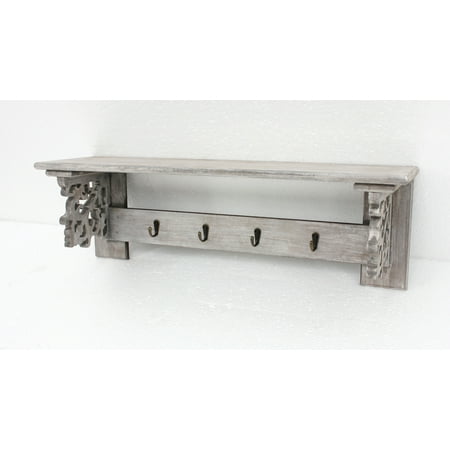 Homeroots Decor Vintage Weathered Wooden Wall Shelf With 4 Metal Homeroots Decor Vintage Weathered Wooden Wall Shelf With 4 Metal Hooks