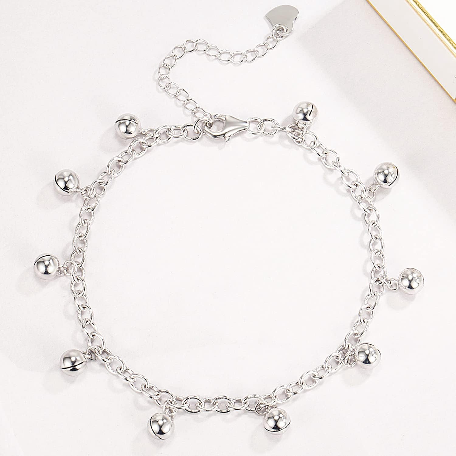 925 Sterling Silver Jingle Bells Bead Chain Charm Bracelet/Anklet, Dual Purpose of Anklet & Bracelet - Up To 10.5" Inch - for Women