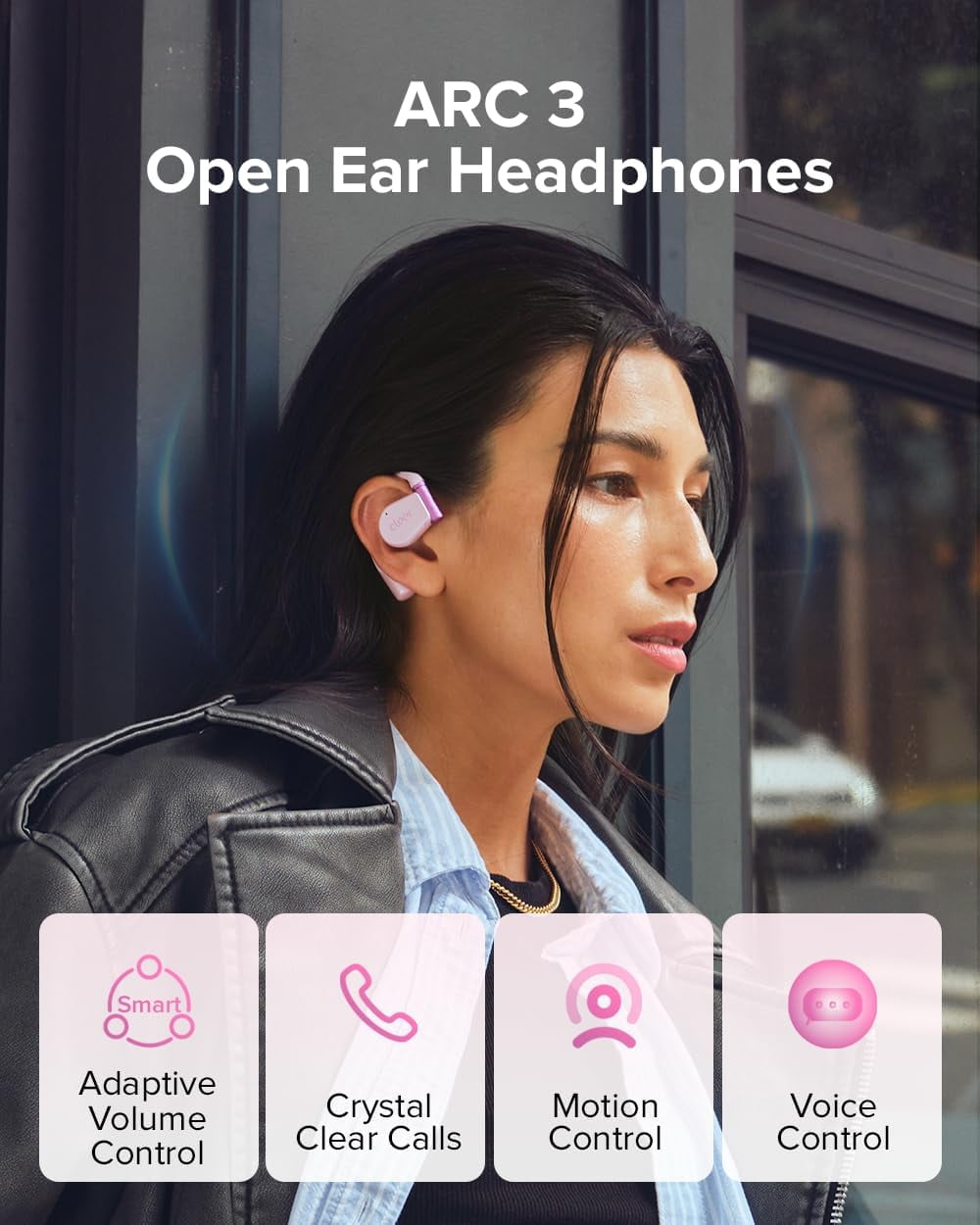 Cleer ARC3 Open Ear True Wireless Earbuds, IPX7 Water Resistant, Secure Earhooks, Built-in Microphone, Pink