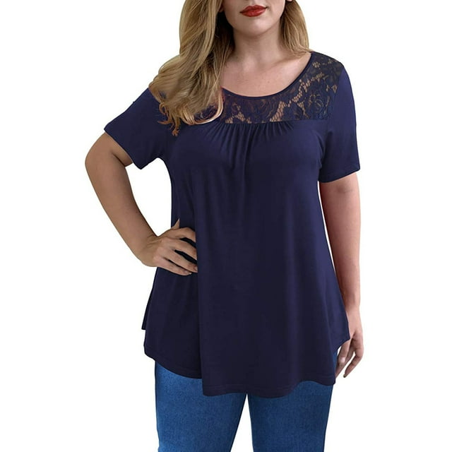 Fridja Womens Plus Size Lace Pachwork Short Sleeve O-Neck Casual Tops Blouse