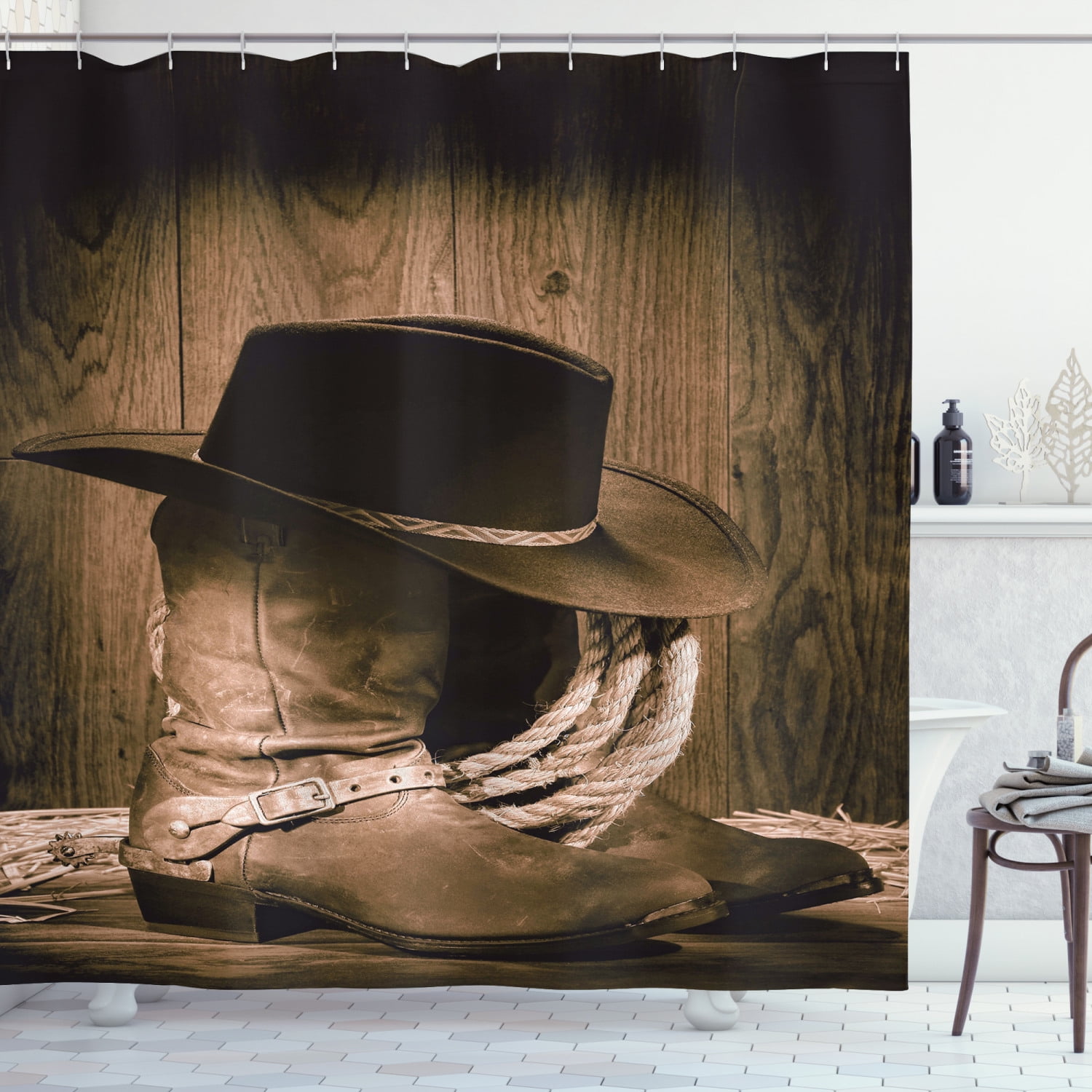 Western Shower Curtain, Wild West Themed Cowboy Hat and Old Ranching