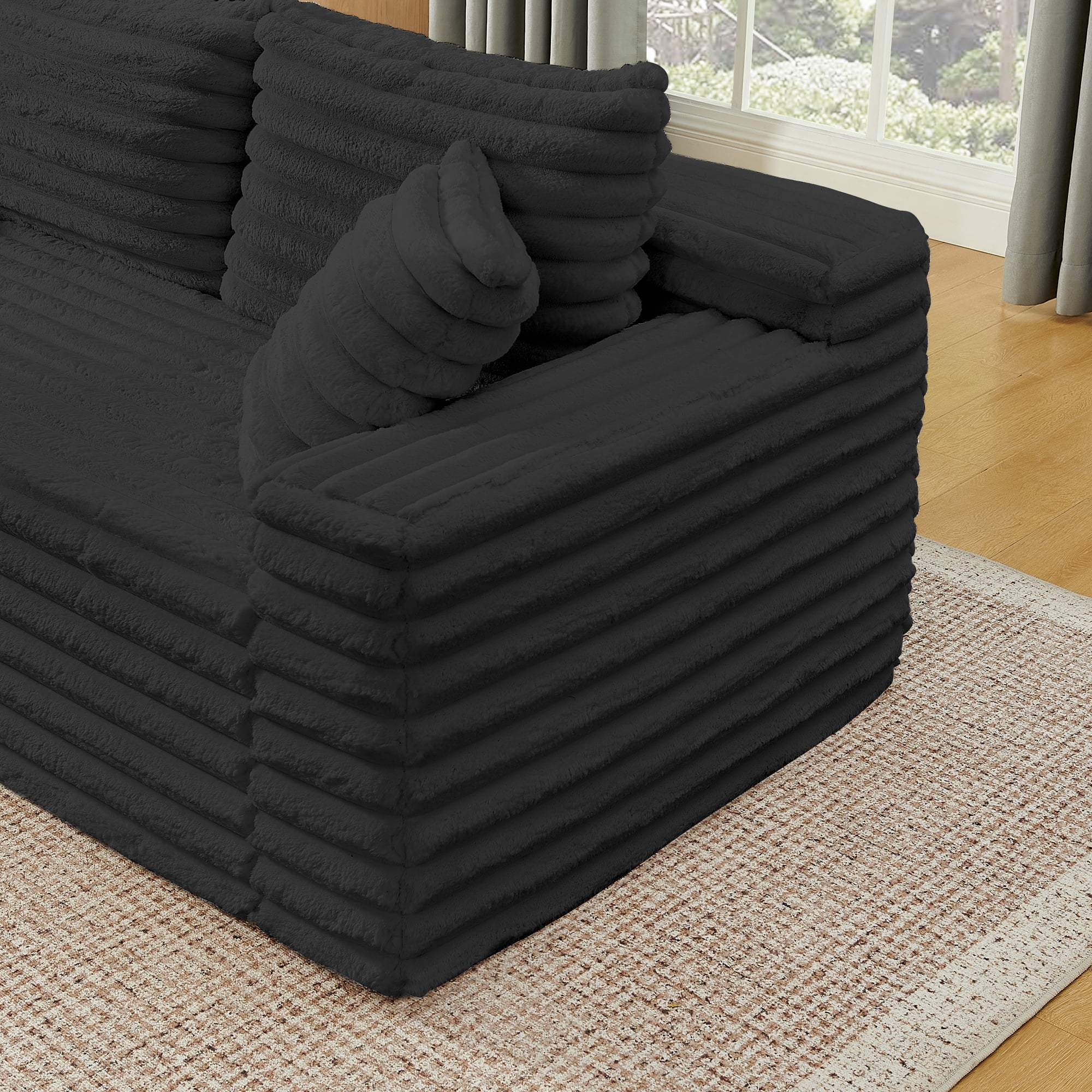 BSHTI 127" Corduroy U Shape Sectional Sofa with Console, Cup Holders, USB Port, 2 Ottomans for Living Room（Black）