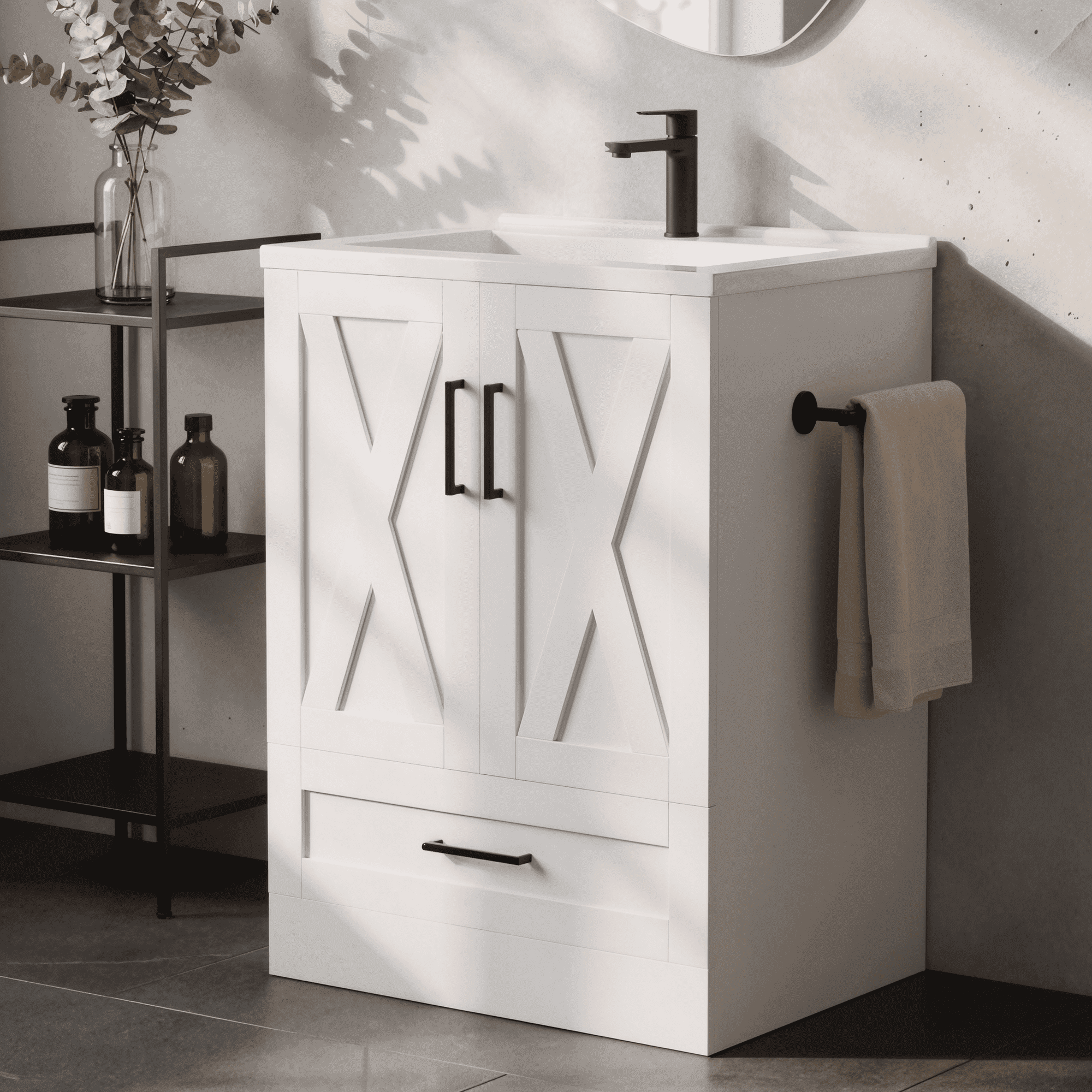 Homall 24'' Bathroom Vanity with Sink, Freestanding Bathroom Cabinet with 2 Door & 1 Drawer, Farmhouse Bathroom Vanity with Basin, White