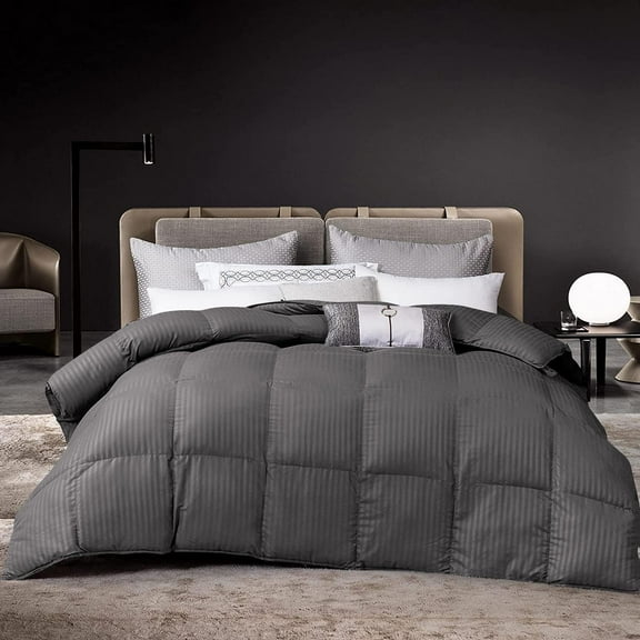 D.N.G. BEDDINGS 800 Thread Count 3 Piece Comforter Set, 100% Egyptian Cotton Cover, Damask Stripe, Full/Queen Size, Dark Grey Color