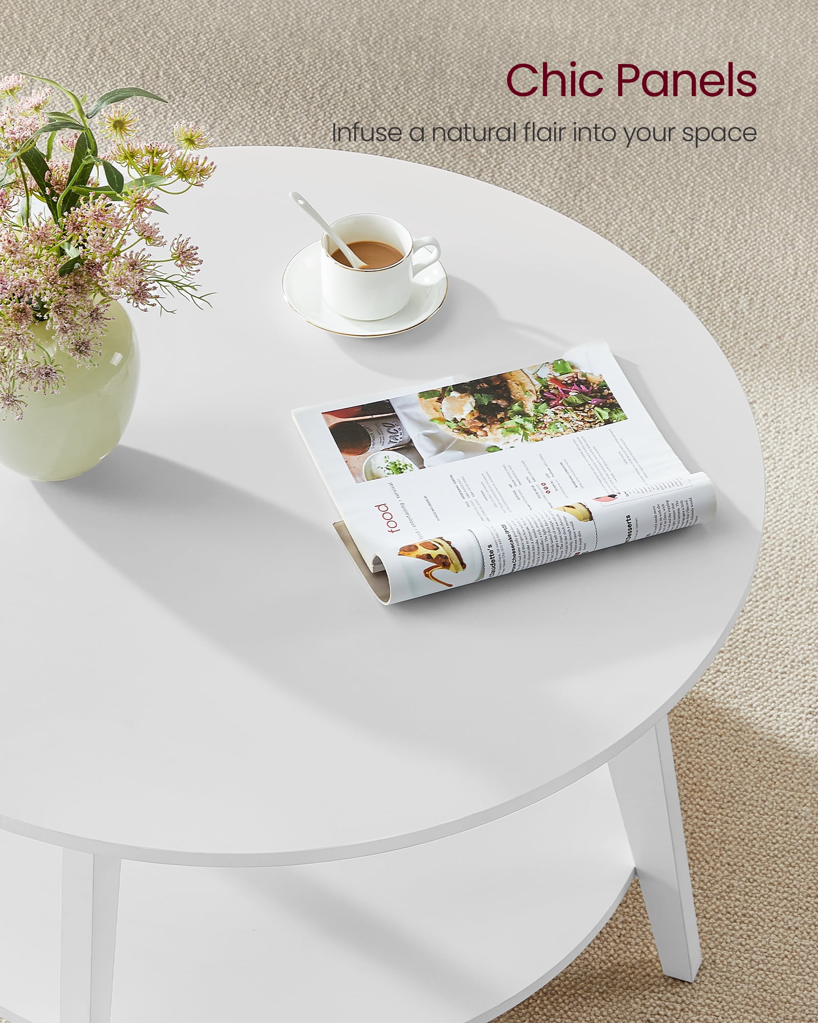 Snow White 2 - Tier Round Coffee Table with Storage - 31.5 x 17.7 Inches, Easy to Assemble for Living Room