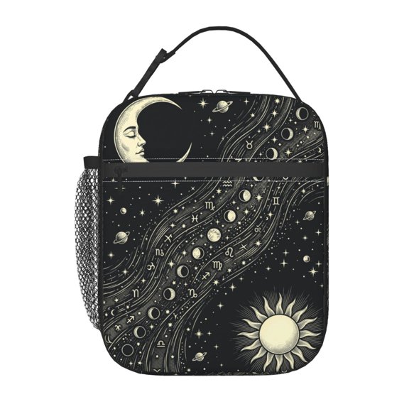 Sun and Moon Lunch Bag Celestial Cosmic Reusable Cooler Tote Front Pocket Handheld Portable Food Container Work Office Picnic Travel Mystic Pattern