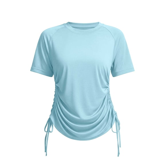 Hueook Summer Tshirts Upf 50 Rash Guard Quick Dry Athletic Sun Protection Women's Fashion Summer V Neck Leisure Three-quarter Sleeve Solid Blue 2X