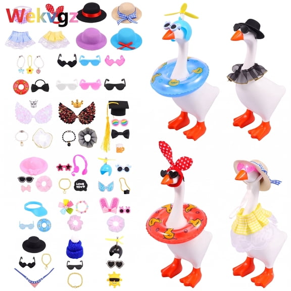 7 Inch Desk Goose Outfits, 17 Sets Mini Clothes with Straw Hat Sunglasses Necklace Dress & 100 Dot Glue for Magnetic Statue Table Decor Present