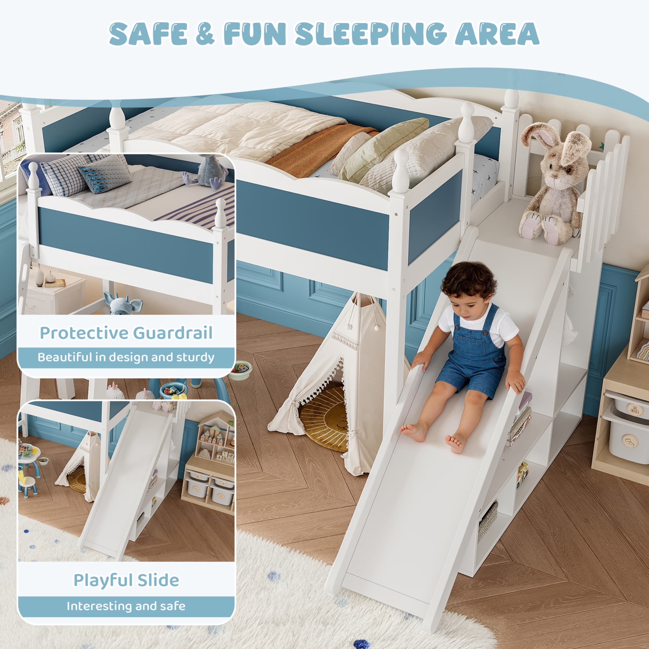 Noble House Twin Loft Bed with Storage Shelves, Detachable Slide and Ladder, White + Blue