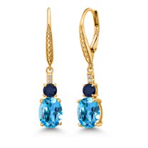 Gem Stone King 18K Yellow Gold Plated Silver Swiss Blue Topaz and Blue Sapphire Dangle Earrings for Women with Lab Grown Diamond (5.23 Cttw, Oval 9X7MM)