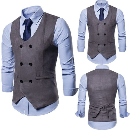 Men Formal Business Suit Vest Slim Wedding Casual Waistcoat Vintage Jacket Coat Gray