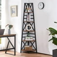 thumbnail image 3 of 72 Inch Tall Corner Shelf, 5 Tier Ladder Bookshelf, Bookcase with Metal Frame, Rustic Shelf Stand for Living Room, Bedroom, Office, Brown, 3 of 5