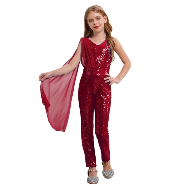 Aislor Combinaison une Pièce Sans Manches à Sequins pour Filles, Col en V, pour Mariage, Fête, Bal, Bourgogne 6
