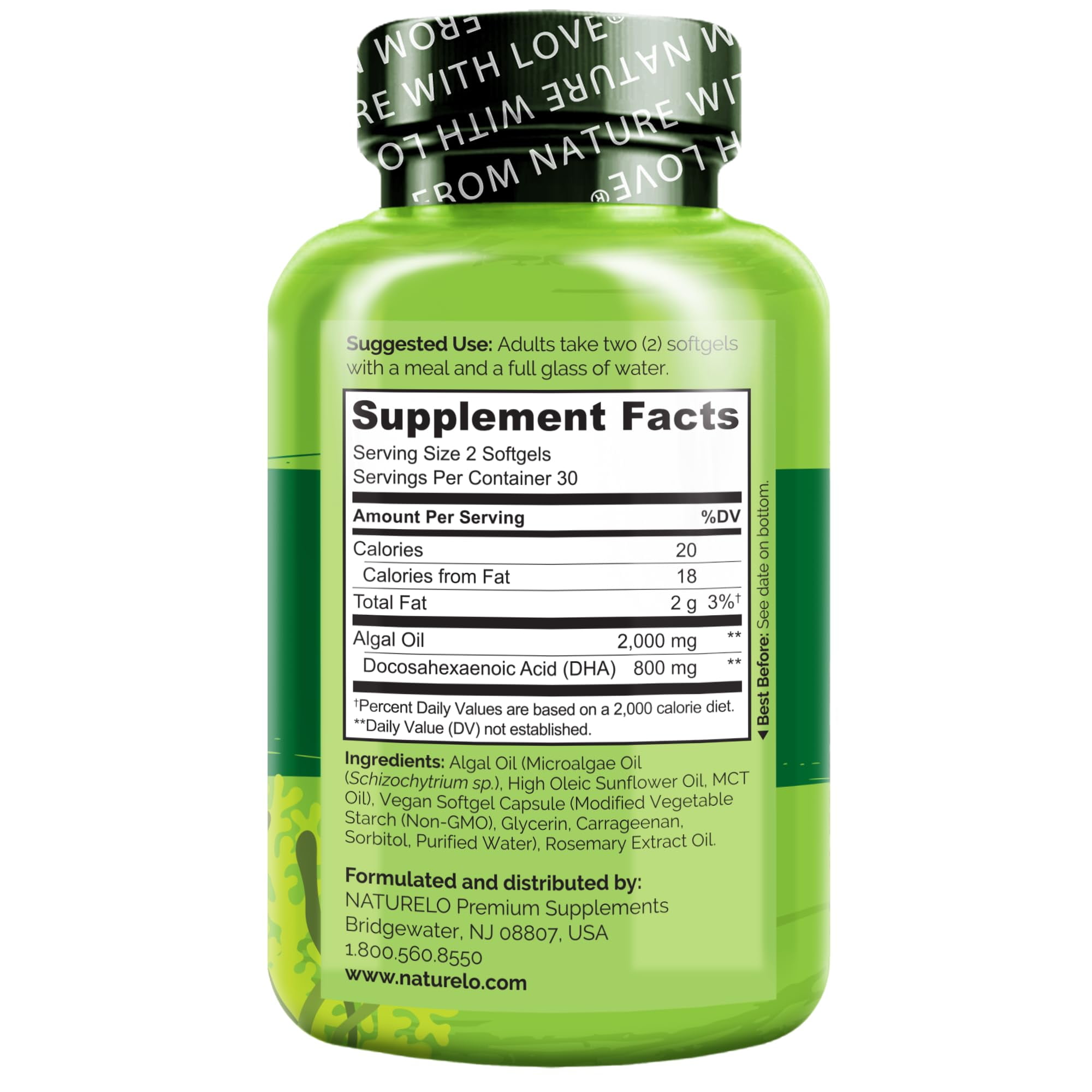 NATURELO Vegan DHA - Omega 3 Oil from Algae - Supplement for Brain, Heart, Joint, Eye Health - Provides Essential Fatty Acids for Women, Men and Kids - Complements Prenatal Vitamins - 60 Softgels