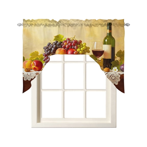 Rustic Grape Peach Swag Curtains for Kitchen Realistic Fruits Apples Wine Valances for Windows Rod Pocket Small Window Treatment Short Topper for Cafe Bedroom Bathroom Living Room Decor 56x36 Inch
