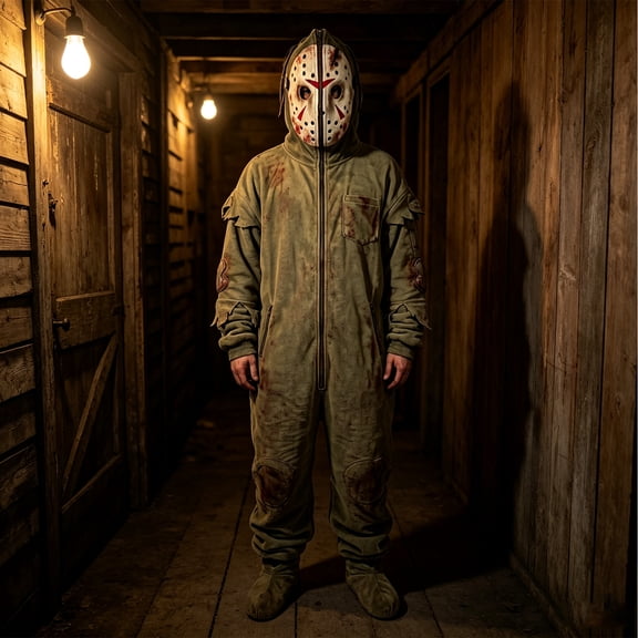 Olive Green Full Body Jumpsuit with Spooky Hockey Mask & Tassels, Classic Horror Style Full Body Onesie with Zipper & Pockets for Halloween Sleepwear Cosplay(Green,L)