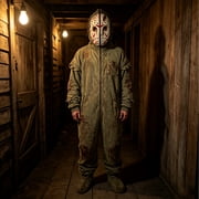 Olive Green Full Body Jumpsuit with Spooky Hockey Mask & Tassels, Classic Horror Style Full Body Onesie with Zipper & Pockets for Halloween Sleepwear Cosplay(Green,L)