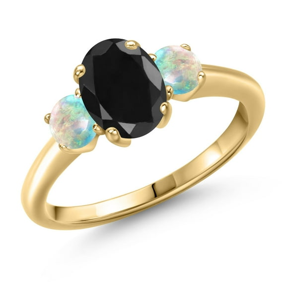 Gem Stone King 2.16 Ct Black Sapphire White Simulated Opal 18K Yellow Gold Plated Silver Ring (Size 8)