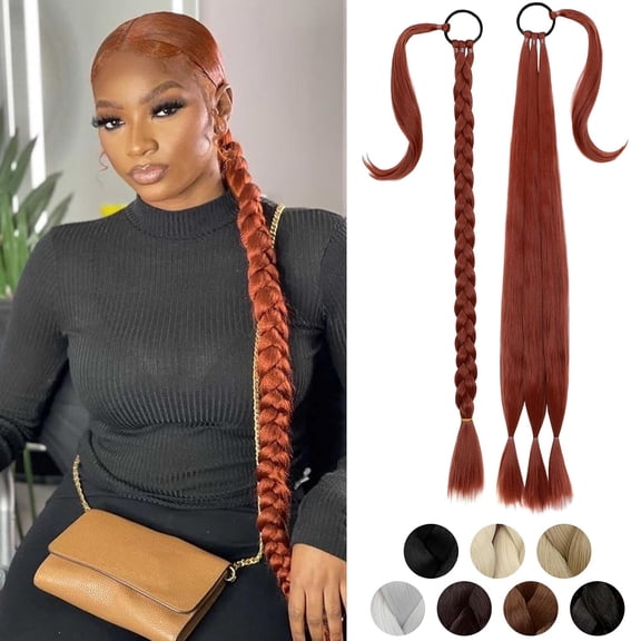 Long Braid Ponytail Extension with Hair Tie Straight Sleek Wrap Around Hair Extensions Braid Pony Tail Natural Soft Synthetic Hairpieces for Women Daily Wear, 30 inch-Copper Red
