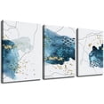 thumbnail image 1 of Blue Abstract Wall Art Decor Modern Canvas Painting 3 Pieces Stretched and Framed Gold Fluid Pictures HD Artwork Canvas Print Wall Art for Living Room Bedroom Bathroom Home Wall Decor 12"x16"x3, 1 of 6