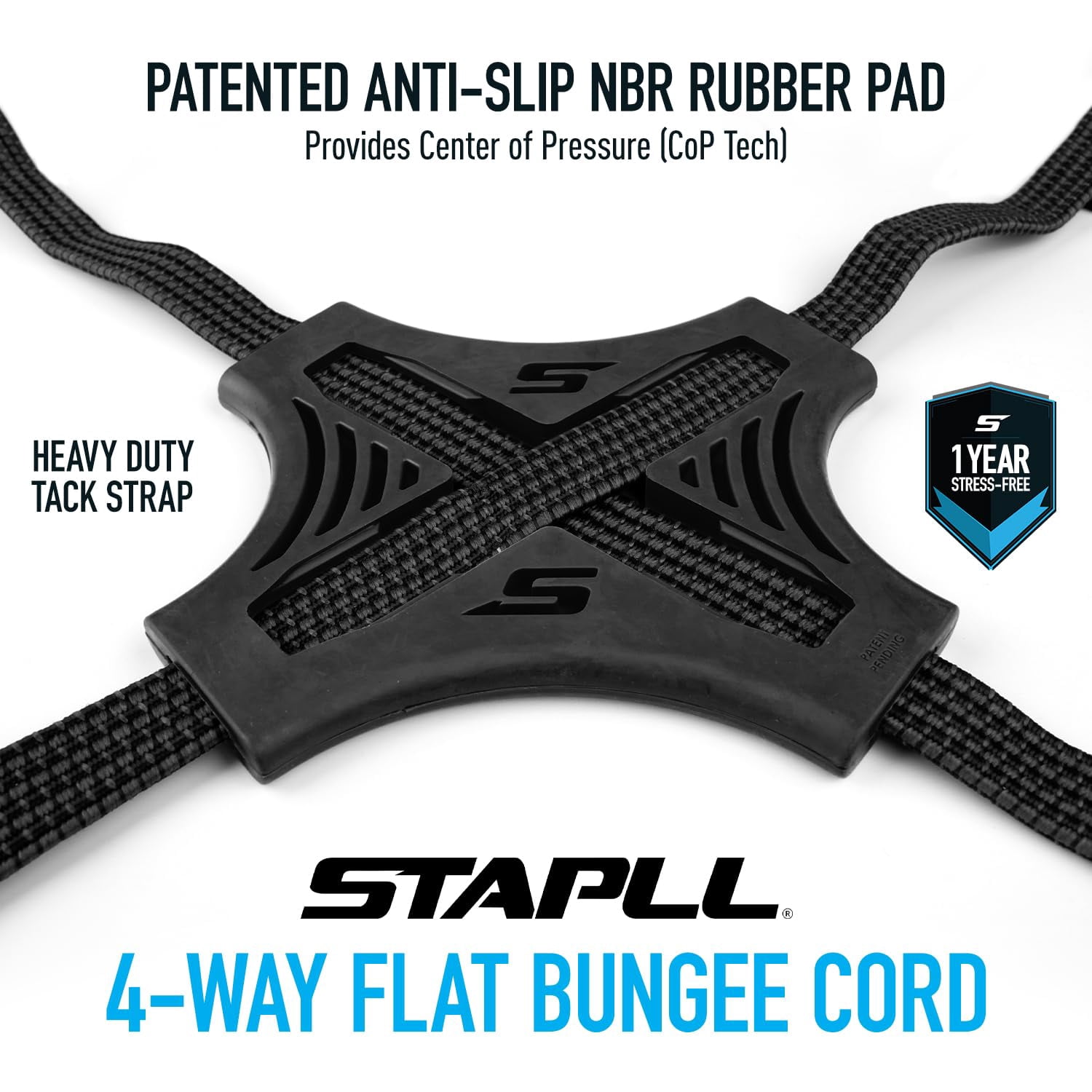 Tack Strap – 4-Way Flat Bungee Cord with Rubber Pad Grip, Non-Slip Adjustable Tie Down Straps for Outdoor Gear, 2-Pack (Blue)