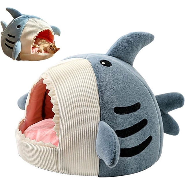 Nido para mascotas con forma de tiburón, linda casa para perros y gatos, cálida, suave, cómoda, semicerrada, con cojín grueso para las cuatro estaciones