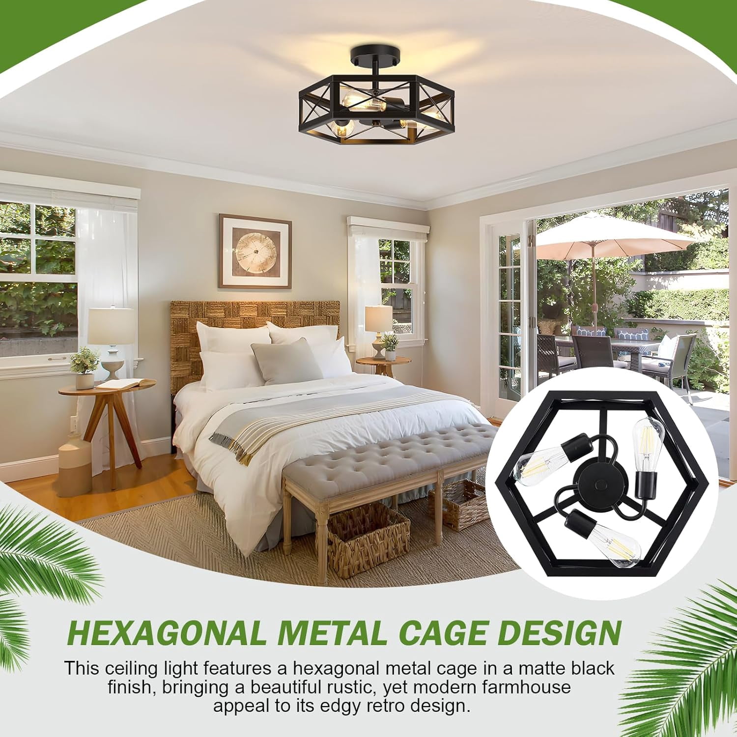 3-Light Kitchen Light Fixtures Ceiling Mount, Black Semi Flush Mount Ceiling Light for Dining Room Light Fixture, Farmhouse Close to Ceiling Lights with Metal Hexagon Cage for Bedroom Hallway