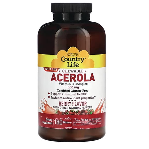Country Life Acerola Vitamin C Complex, 500mg, Chewable Berry Flavored Wafers, Supports Immune Health, 180 Wafers, Certified Gluten Free by GFCO , Certified Vegan by AVA
