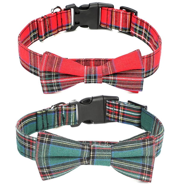 L Collar de perro navideño con lazo, collares de perro ajustables a cuadros navideños con collares de pajarita extraíbles