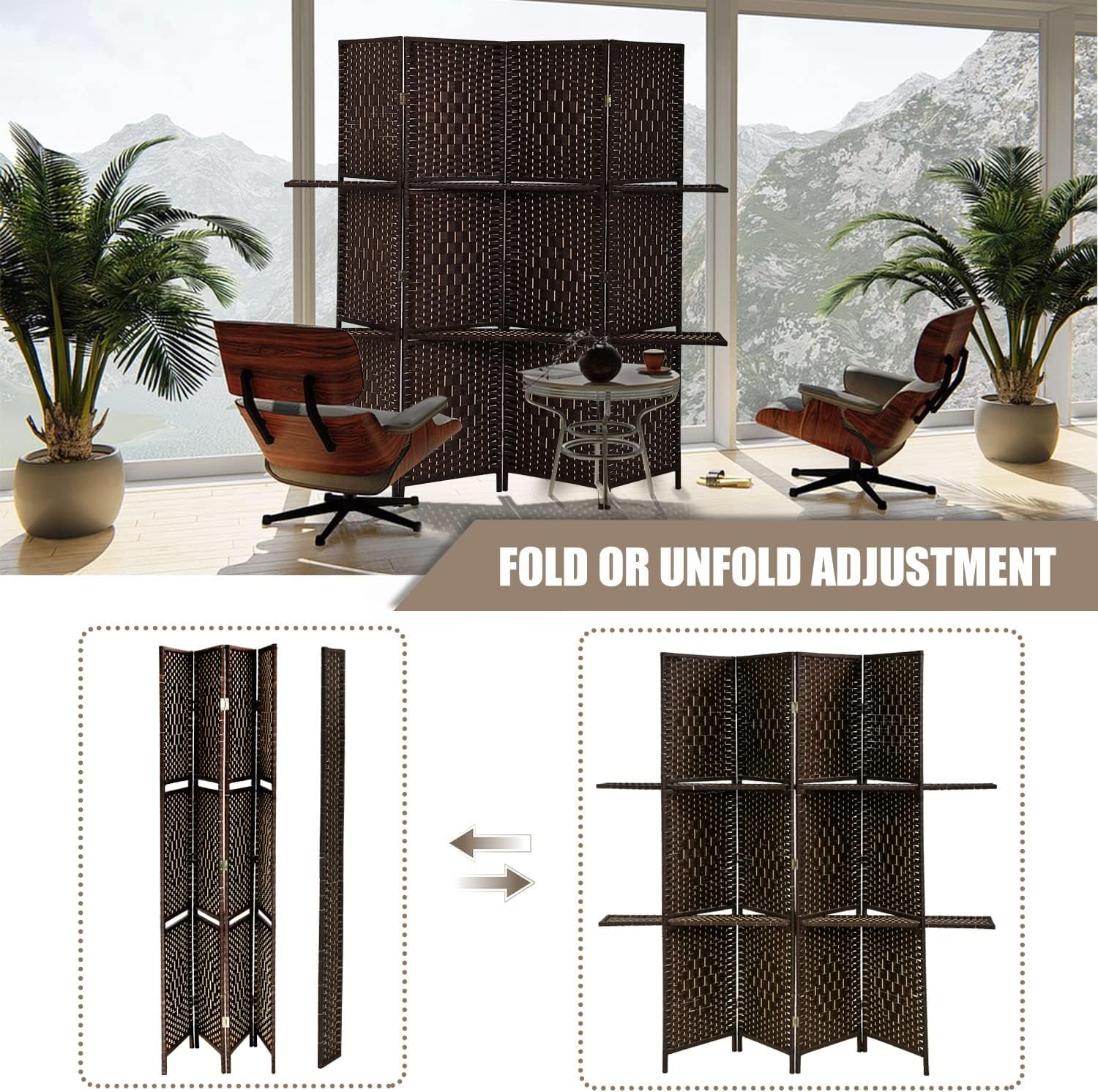 Dkelincs 6ft 4 Panel Wood Room Divider and Folding Privacy Screen with 2 Tier Display Shelves,Brown