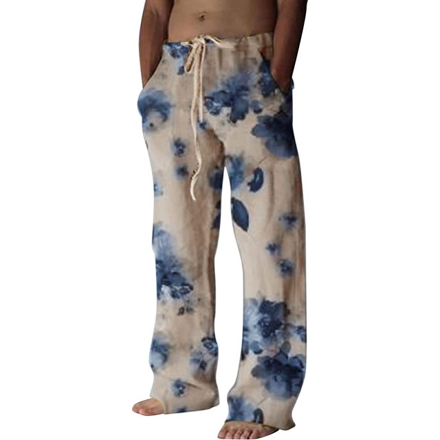 Pantalones de lino casuales para hombre, teñido anudado, estampado clásico, talla grande, holgados, ligeros, elásticos, con cordón, para playa, yoga caqui M caqui M Xishao ropa