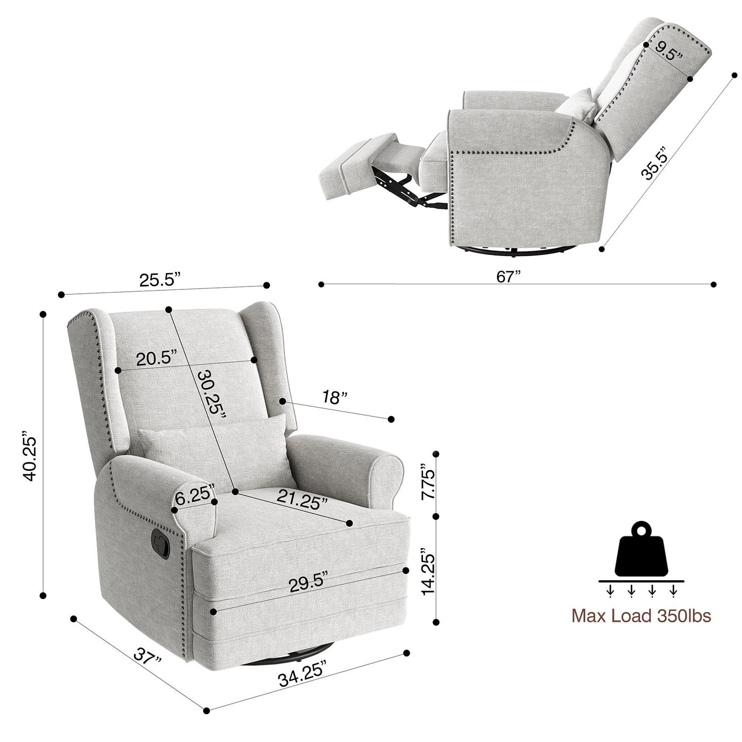 Demi Bonn Swivel Glider Rocking Recliner Chair, Lumbar Pillow, Footrest, Upholstered, Nursery, Bedroom, Light Gray