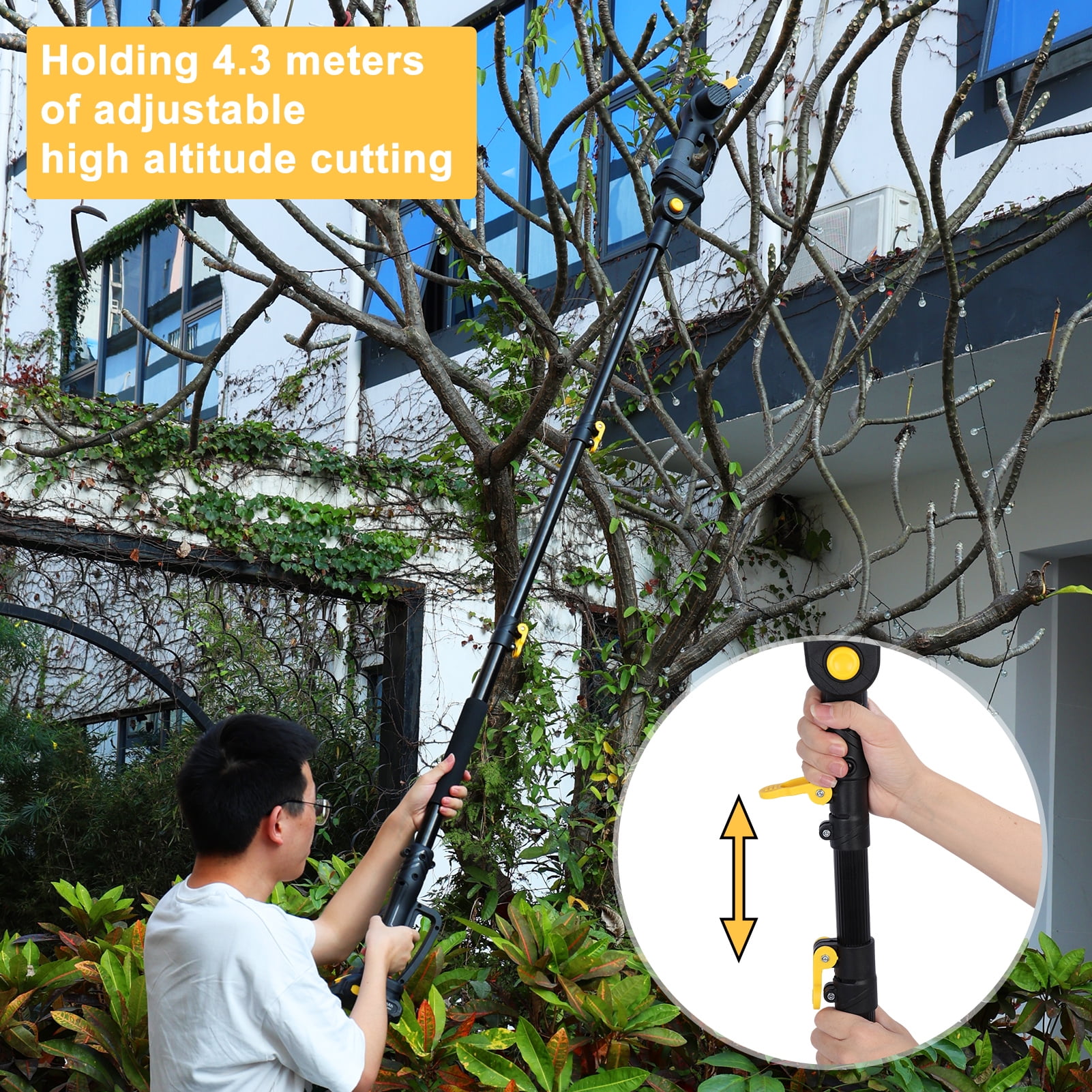 Fompes 2-in-1 Cordless Pole Saw & 6" Mini Chainsaw 4.9-7.5FT Telescoping Branch Cutter with 2PCS 2.0Ah Batteries and a Charger Brushless Pole Saw for Tree Trimming Wood Cutting