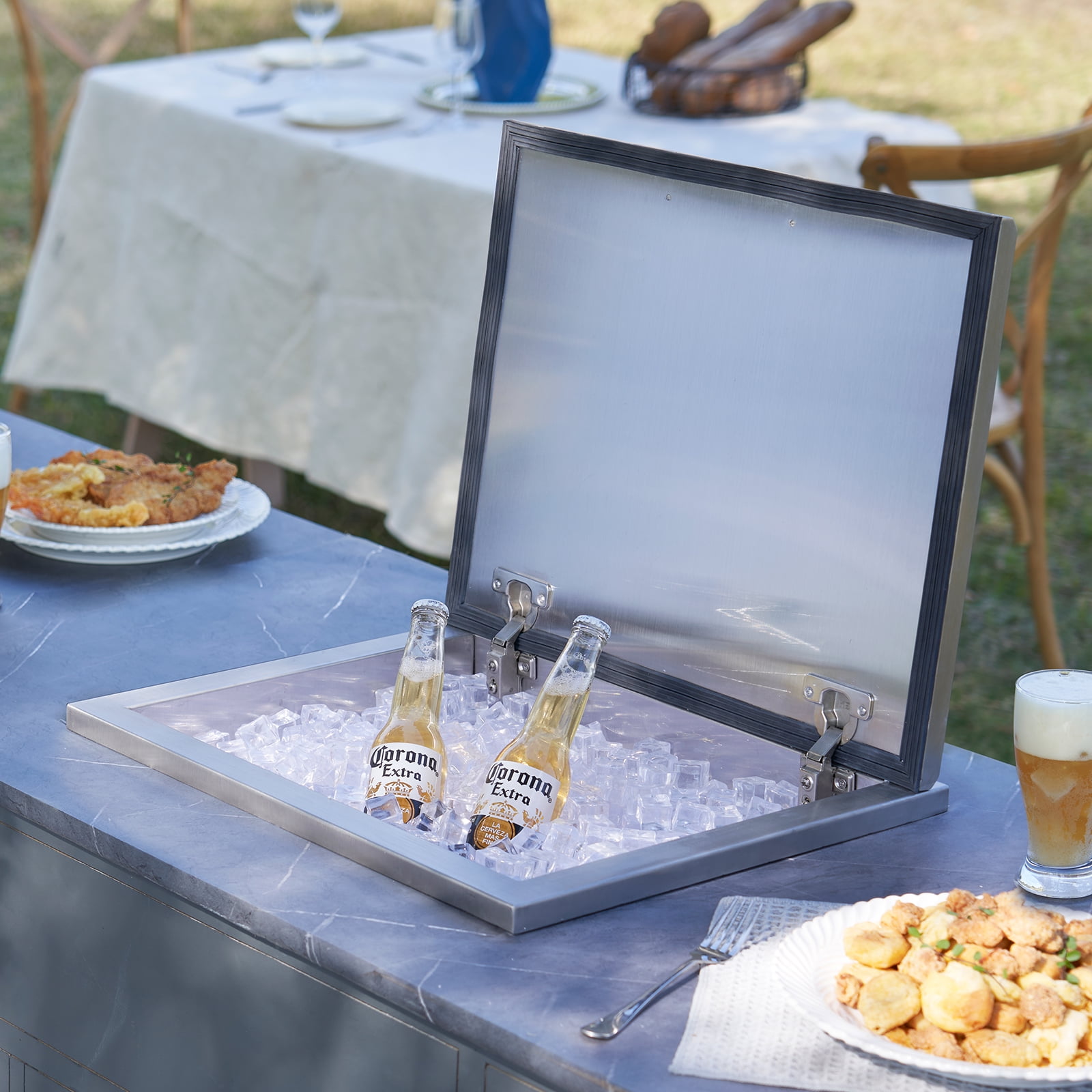 VEVOR Drop in Ice Bin Chest 20x16x13 inch Drop in Cooler Stainless Steel Outdoor Drop in Ice Chest with Cover Bar Ice Bin Drop in Wine Drops Drain-pipe and Drain Plug Included
