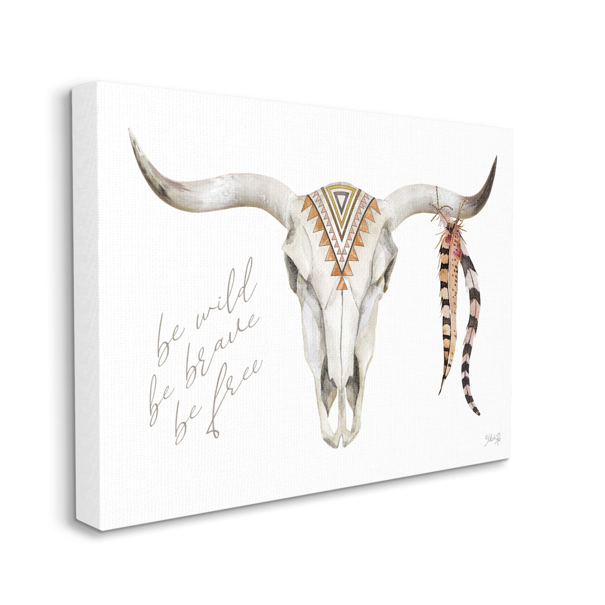 Stupell Industries Be Wild Longhorn Boho Bull Geometric Feather Patterns,30 x 24, Design by Marla Rae