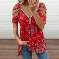thumbnail image 2 of Bandana - Red Art Womens Summer V Neck Zipper Top Short Sleeve T Shirt Off Shoulder Top Casual Classy Loose Shirts, 2 of 7