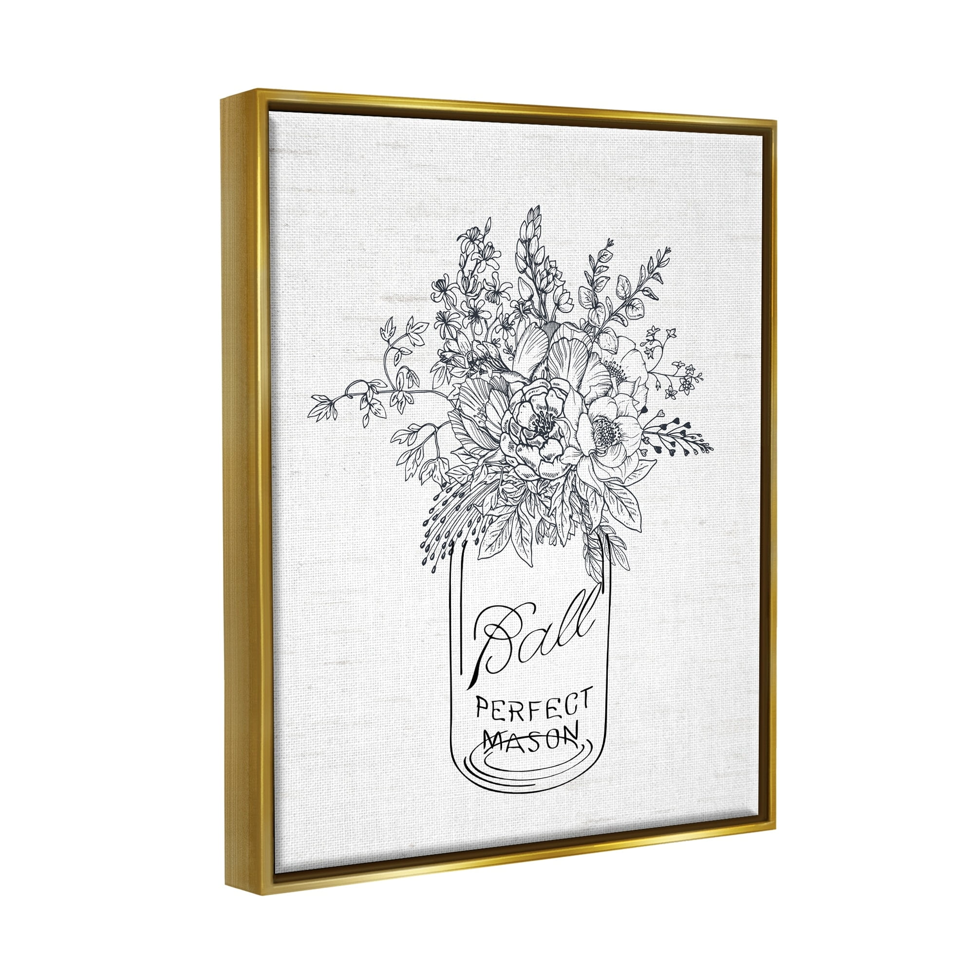 Stupell Industries Detailed Flower Bouquet Outline Drawing Rustic Jar Graphic Art Metallic Gold Floating Framed Canvas Print Wall Art, Design by Lettered and Lined