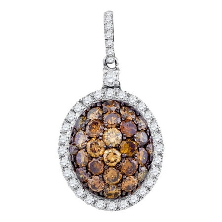 - 10kt White Gold Womens Round Cognac-brown Color Enhanced Diamond Oval Frame Cluster Pendant 1-1/3 Cttw