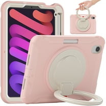 Portable Rugged Case for 2021 Apple iPad Mini 8.3-Inch (6th Generation 2021 Release) - Rotating Stand Handle Case, Built-in Pencil Holder, Lightweight Shockproof Hard Silicone/Plastic Cover (Pink)