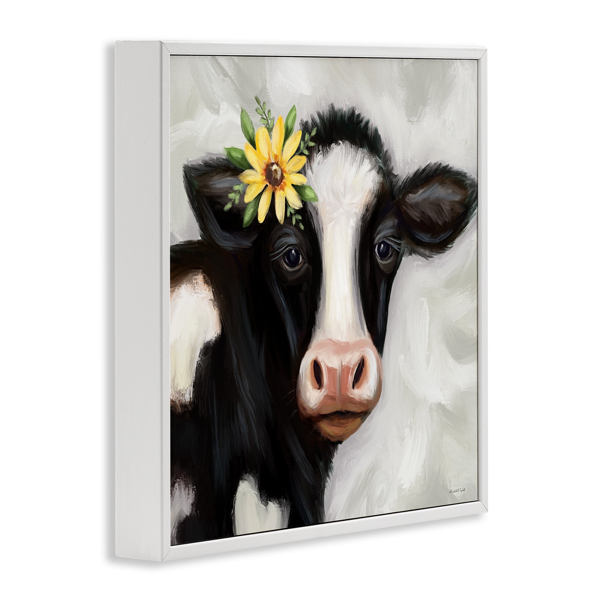 Stupell Industries Cow with Yellow Daisy Animals & Insects Painting White Framed Art Print Wall Art, 17 x 17
