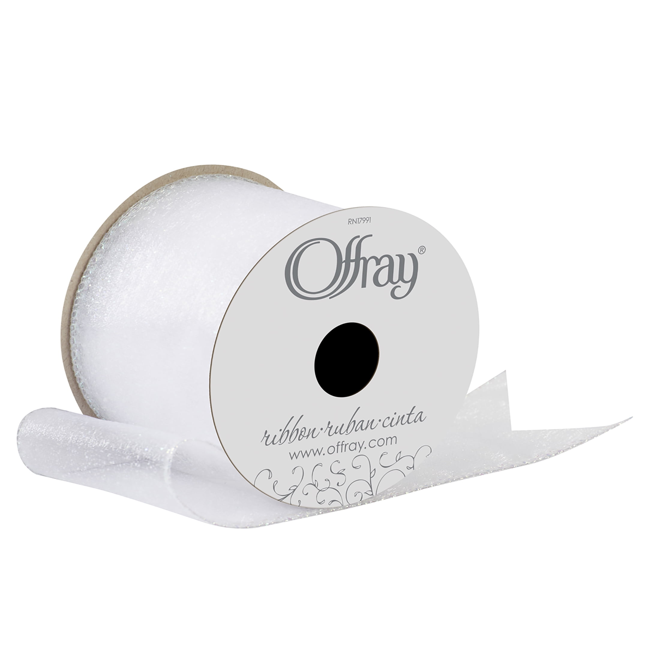 Offray Ribbon, White 2 1/2 inch Wired Edge Sheer Metallic Ribbon, 9 feet