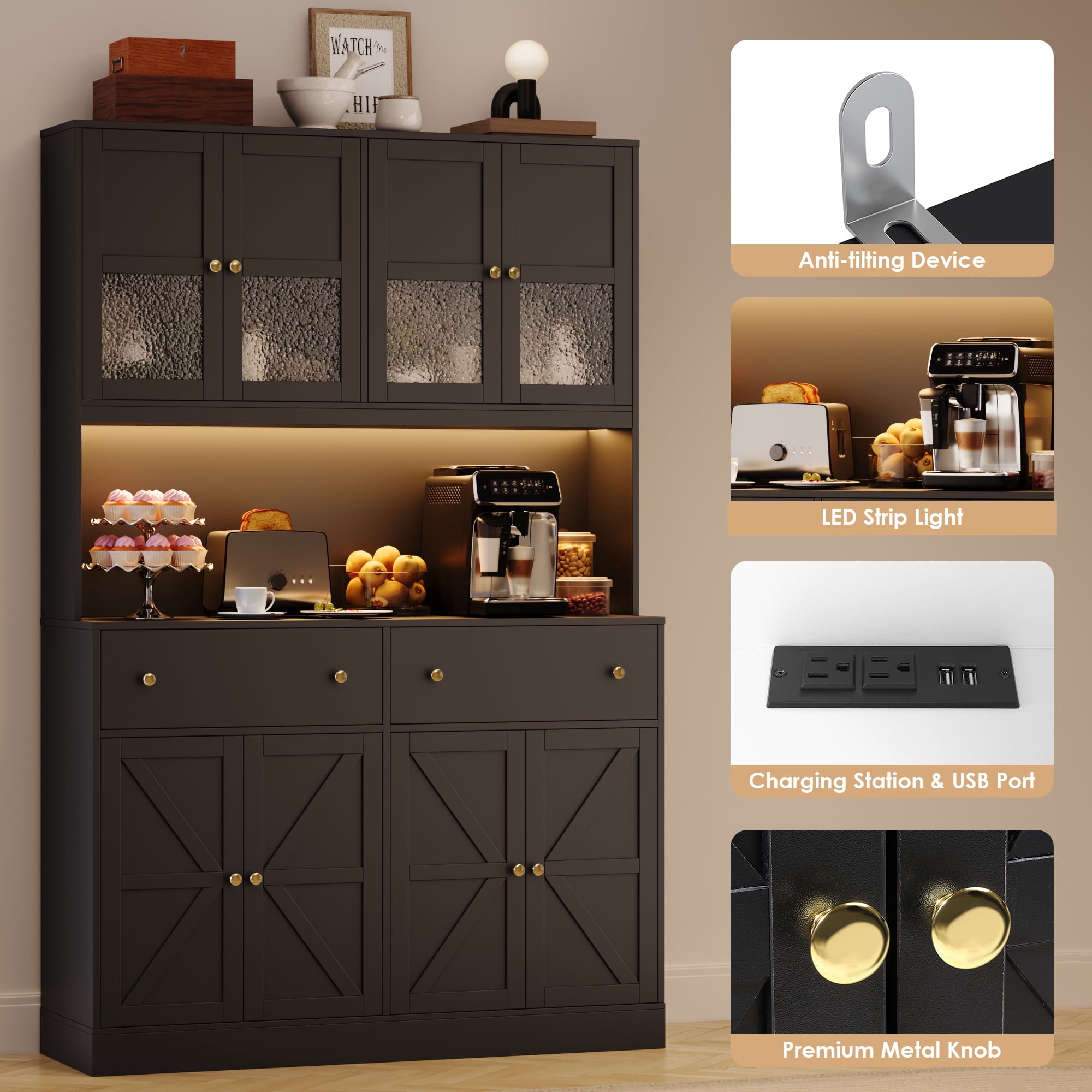 Homfa 8 Door Kitchen Pantry Cabinet with 2 Drawer, 71" LED Buffet Cabinet with & Charging Station & USB Port, Black